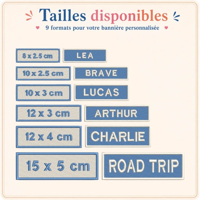Formats du patch prénom personnalisé Tailles disponibles pour patch prénom personnalisé au format bannière