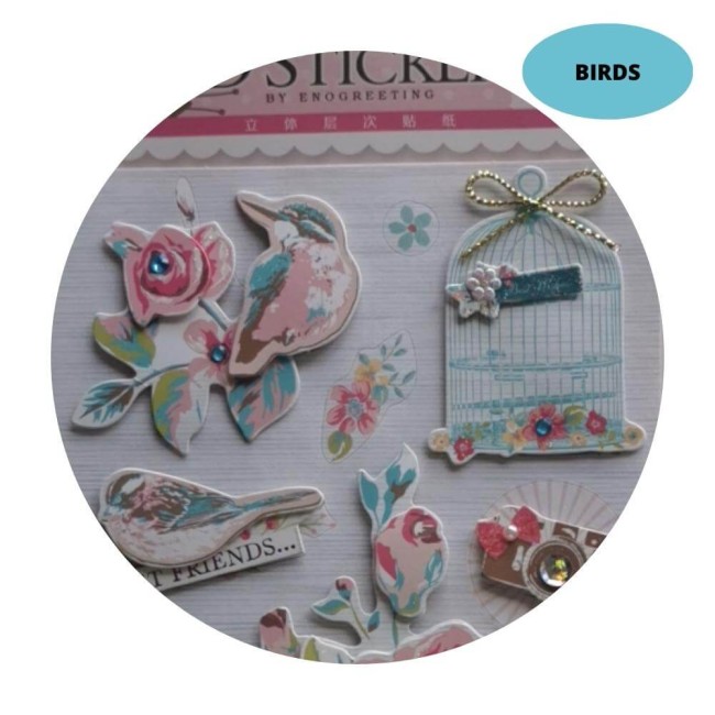 Zoom stickers 3D rétro oiseaux, fleurs