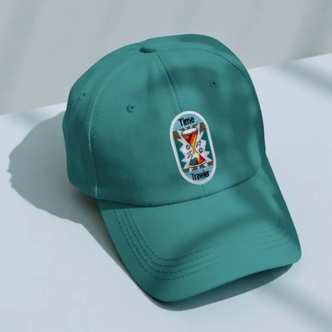 Écusson brodé facile à poser pour personnaliser une casquette Patch brodé Time Traveler posé sur une casquette vert canard
