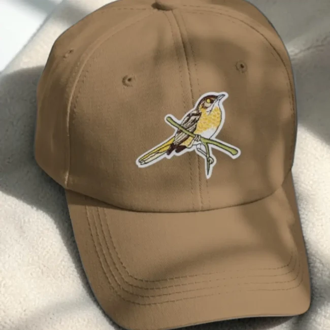 Patch oiseau perché posé sur une casquette marron