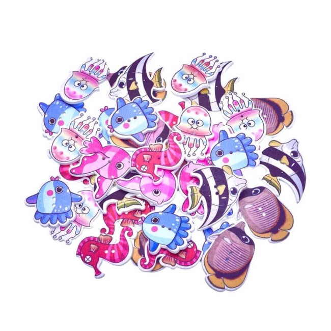 Pack de 12 boutons en bois monde marin boutons en bois poissons tropicaux