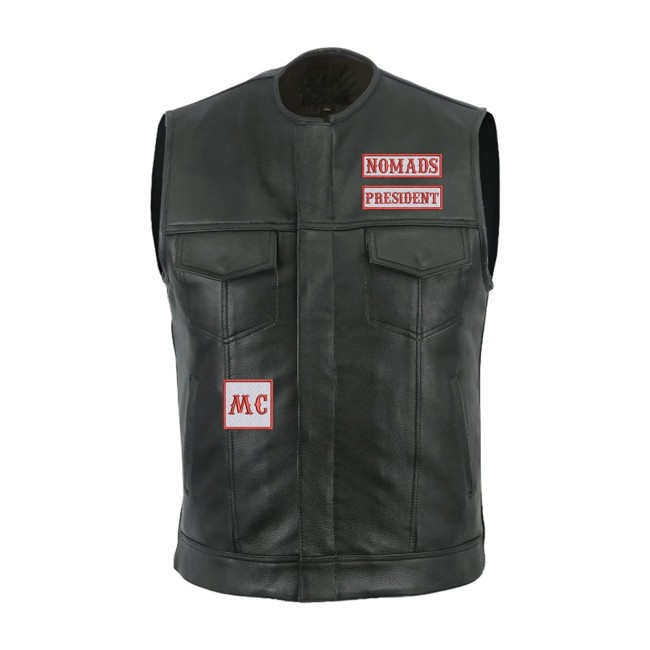 Pose facile d’un patch biker thermocollant personnalisé Patch brodé thermocollé sur veste en cuir – rendu final de face