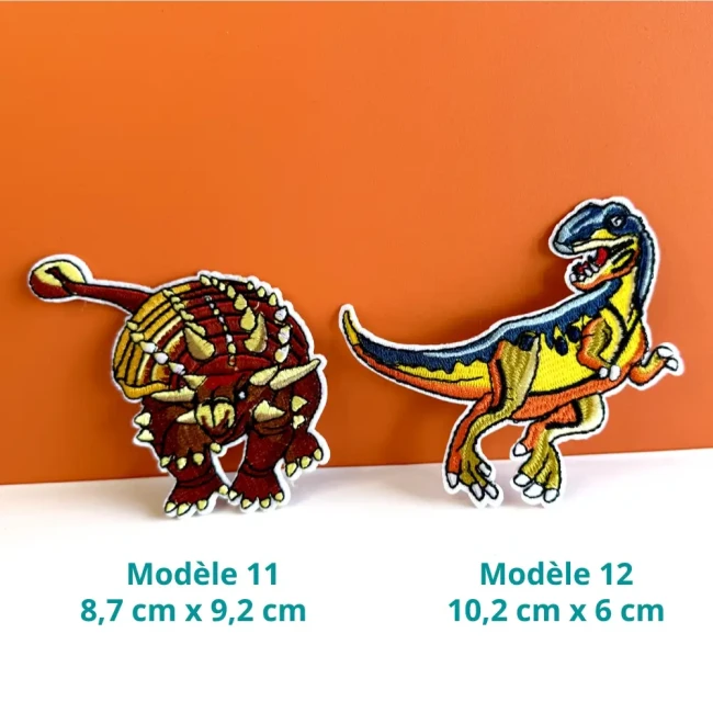 Patchs dinosaures brodés modèles 11 et 12, tricératops et vélociraptor