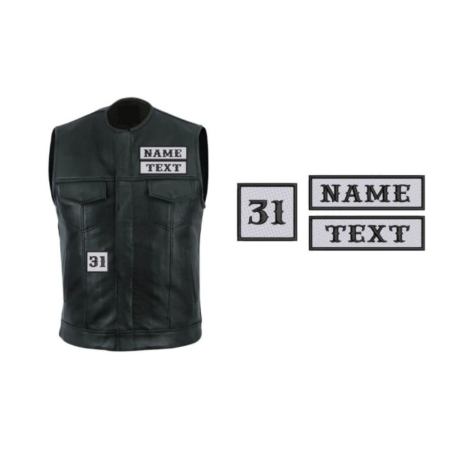 Patchs personnalisés pour l’avant d’un gilet biker avec deux rectangles brodés et un carré initiales