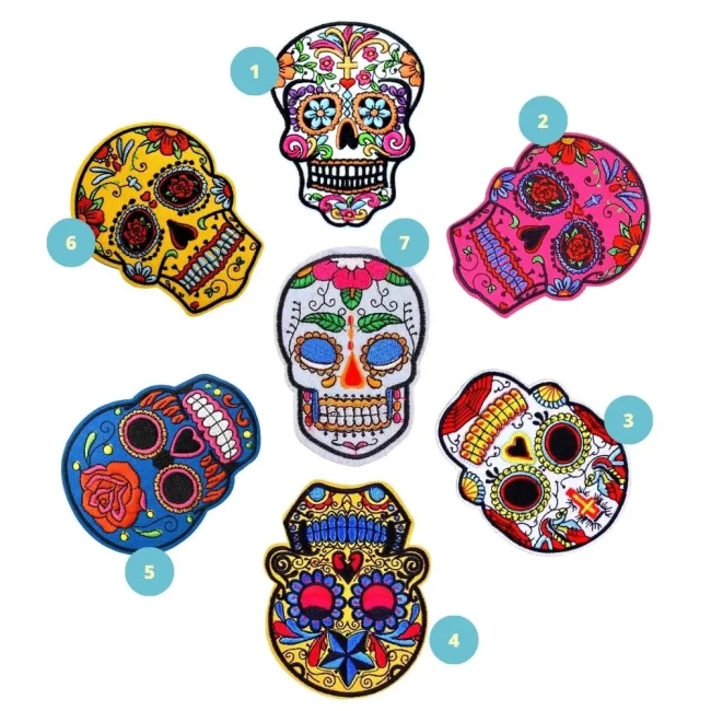 Choix des 7 écussons calavera thermocollants Sept patchs calavera mexicains numérotés de 1 à 7
