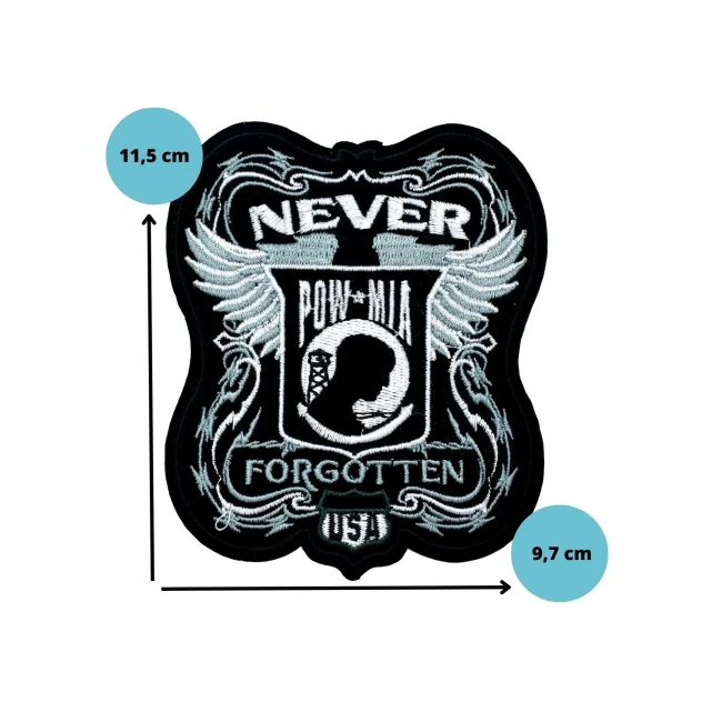 Grand patch militaire POW MIA format 11,5 cm Dimensions du patch POW MIA Never Forgotten 11,5 x 9,7 cm