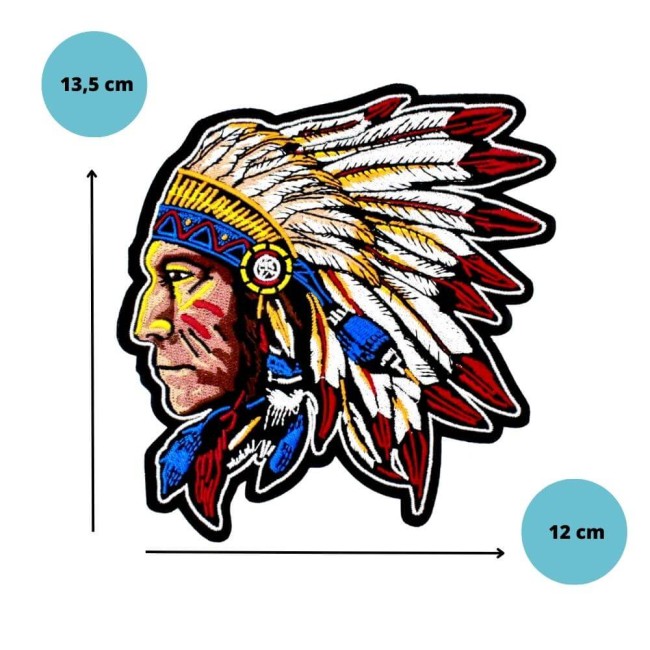 Écusson thermocollant chef amérindien qui mesure 13,5 cm Chef Indien brodé avec détails de la coiffe brodée
