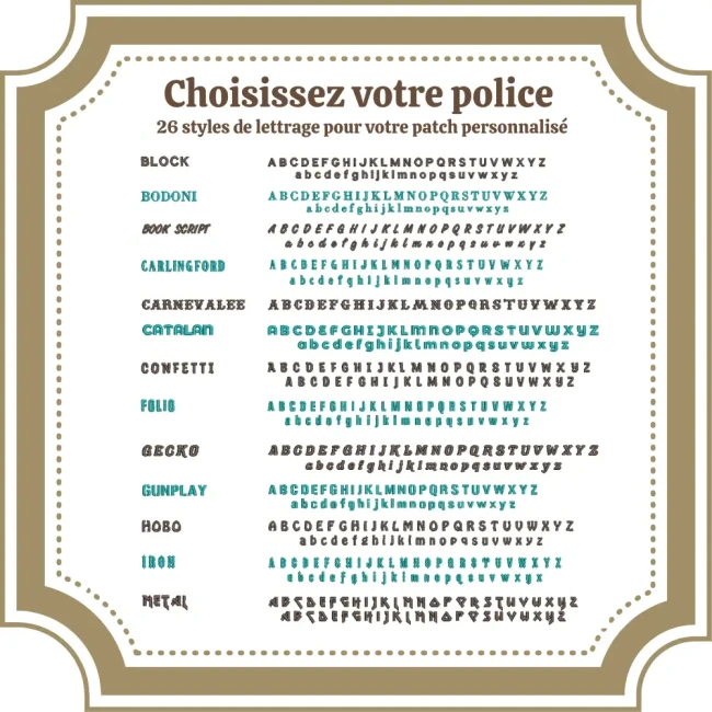 Choix de 26 polices proposées pour la création d’un patch biker personnalisé Sélection de 26 polices pour personnaliser un patch biker brodé : Block, Gecko, Hobo, Bodoni, Carnevalee etc