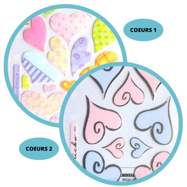 Zoom sur les autocollant en forme de coeurs Stickers au choix parmi 2 modèles pour scrapbooking