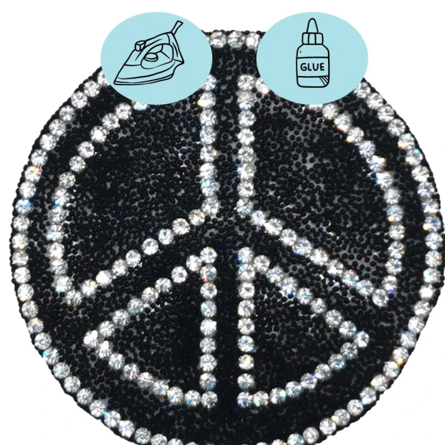 Patch symbole peace and love en strass à coudre ou à coller (colle textile)