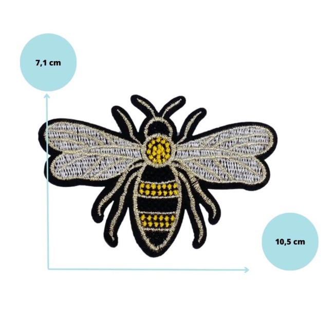 abeille dorée, blanche et noire mesurant 10,5 cm de long et 7,1 cm de haut