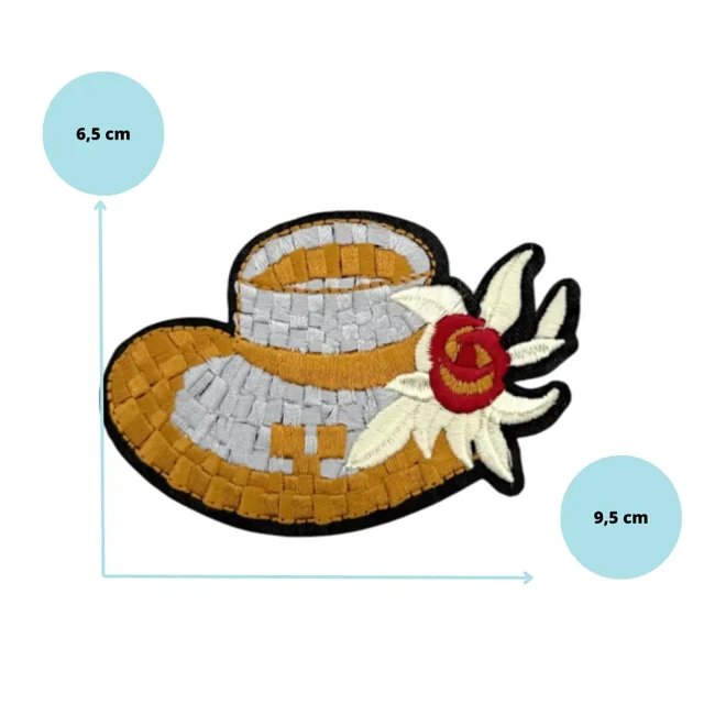 Dimensions du patch chapeau de paille fleuri : 9,5 x 6,5 cm