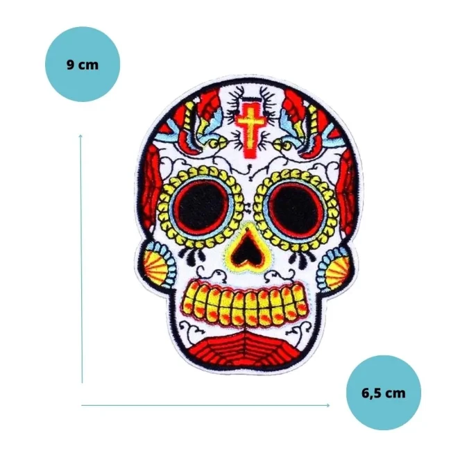 Écusson calavera blanc et rouge modèle 3 Patch calavera blanc et rouge modèle 3, 9 x 6,5 cm