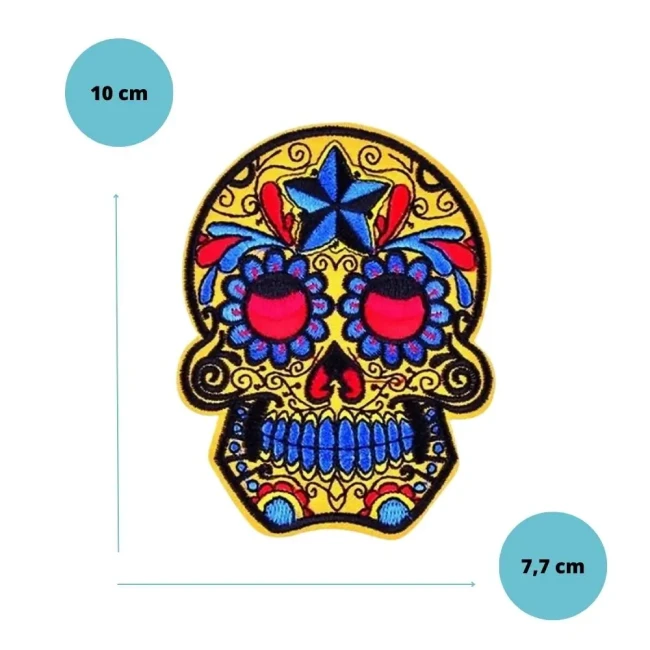 Écusson calavera jaune modèle 4 Patch calavera jaune modèle 4 avec étoile bleue, 10 x 7,7 cm