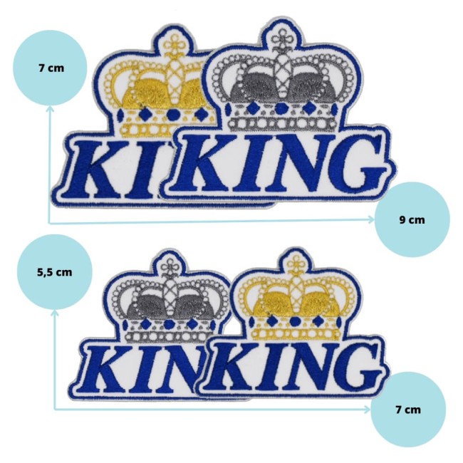 Deux tailles disponibles pour le patch King. 2 modèles au choix : fil or ou argent Détail dimensions des patchs brodés King 9 cm ou 7 cm