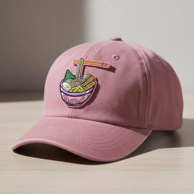 Patch thermocollant ramen rose Ramen rose sur une casquette vieux rose