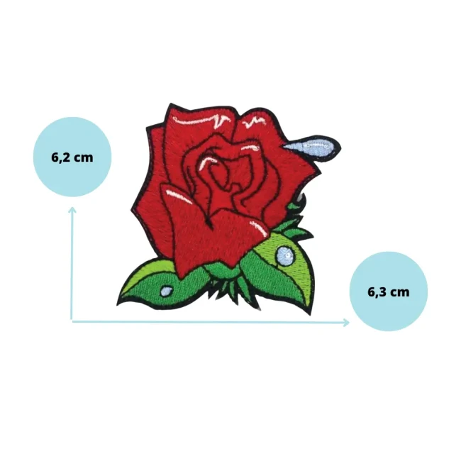 dimensions du patch brodé rose rouge 6,3 par 6,2 cm