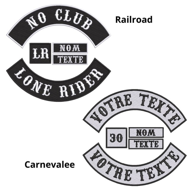 Patch dorsal brodé fond tissu noir ou blanc Bannières dans les polices biker railroad et carnevalee