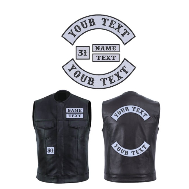 Patch dorsal biker personnalisé brodé pour veste ou gilet moto avec bannière haute, bannière basse, rectangles et carré