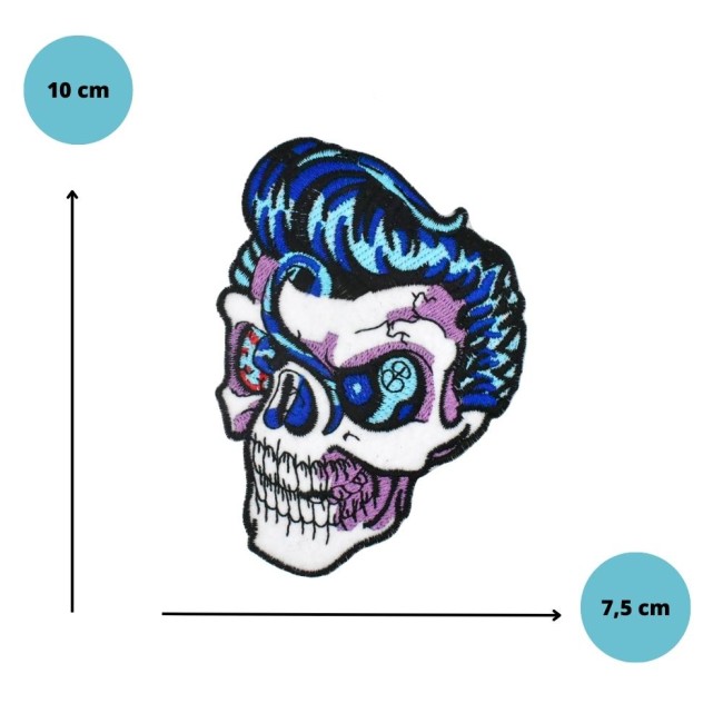 Taille de l'écusson skull rockabilly Dimensions du patch tête de mort rockabilly 10 x 7,5 cm