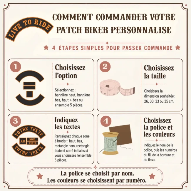 Guide en quatre étapes pour commander un patch biker personnalisé Mode d’emploi en français pour commander un patch biker personnalisé avec choix de l’option, de la taille, du texte, de la police et des couleurs