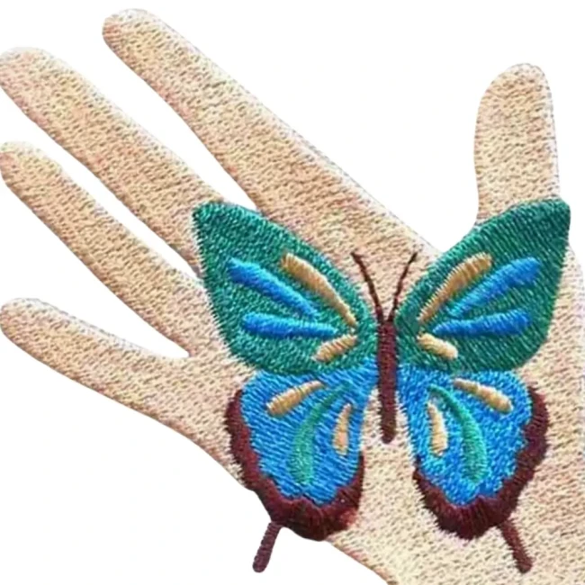 Détails de broderie du patch main et papillon Gros plan sur le papillon bleu brodé dans une main ouverte