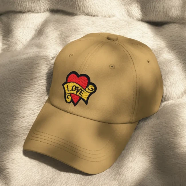 Patch cœur LOVE rouge et doré posé sur casquette beige