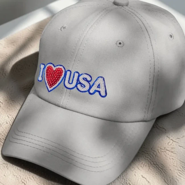 Patch à sequins I Love USA posé sur une casquette claire