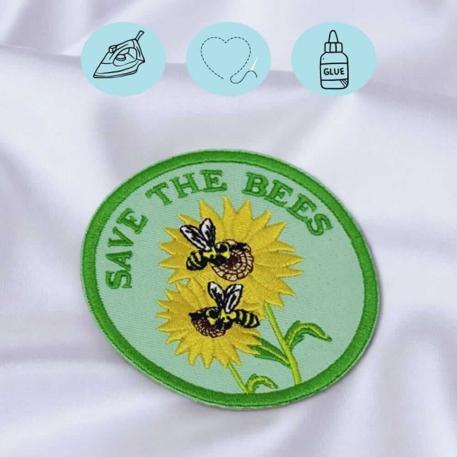 Pose du patch abeille Save the Bees Patch Save the Bees thermocollant ou à coudre selon le vêtement