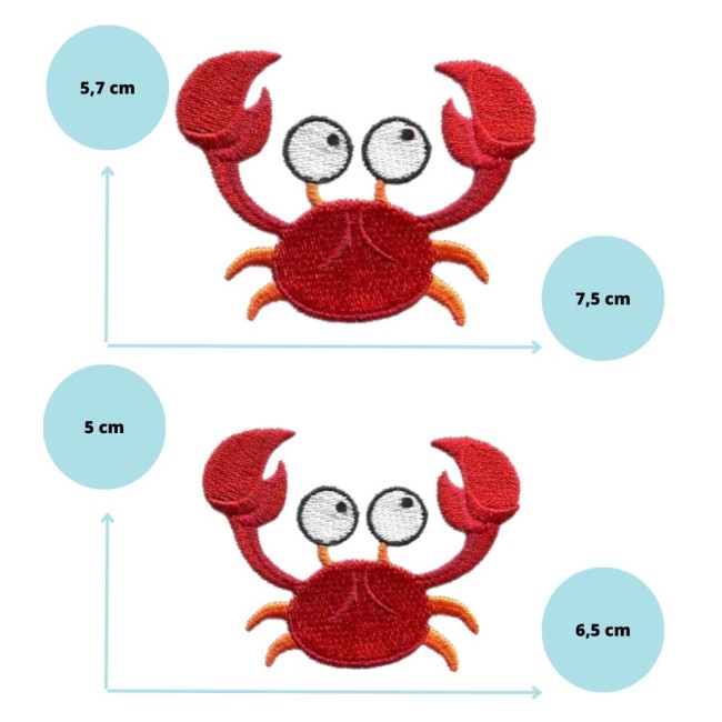 Patch brodé crabe rouge avec ses deux tailles côte à côte : 6,5 ou 7,5 cm 