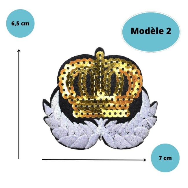 Patch thermocollant couronne et laurier - broderie et sequins Patch brodé thermocollant couronne dorée et laurier argenté 7 x 6,5 cm