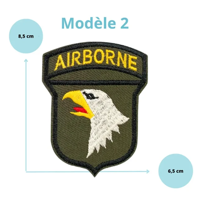 Patch brodé Airborne avec aigle blanc sur fond kaki, modèle 2