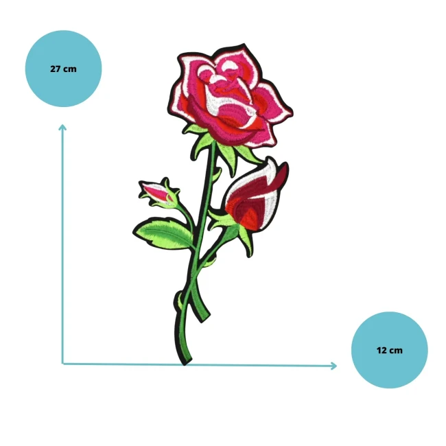 Grand écusson fleur rose 27 cm x 12 cm Patch brodé thermocollant fleur 27 cm