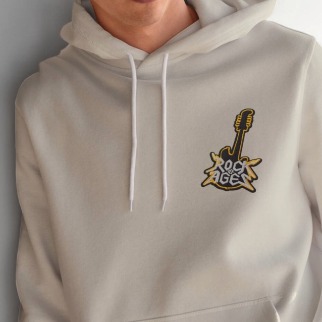 Écusson brodé guitare électrique Rock of Ages posé sur un hoodie