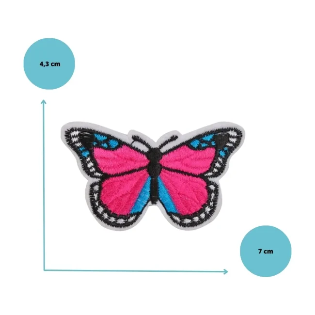 Écusson thermocollant papillon fuchsia et turquoise Patch papillon fuchsia et turquoise avec dimensions 7 x 4,3 cm