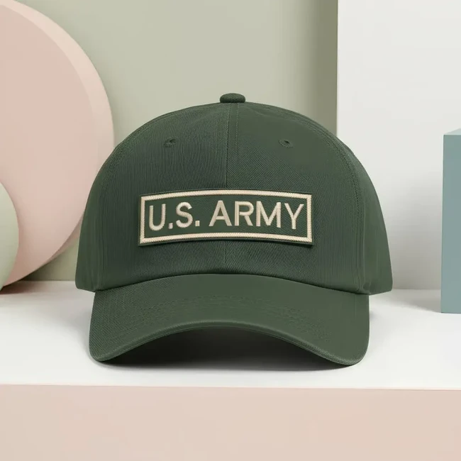 Patch US ARMY kaki positionné sur casquette vintage Ecusson militaire brodé à coller sur une casquette ou un bob