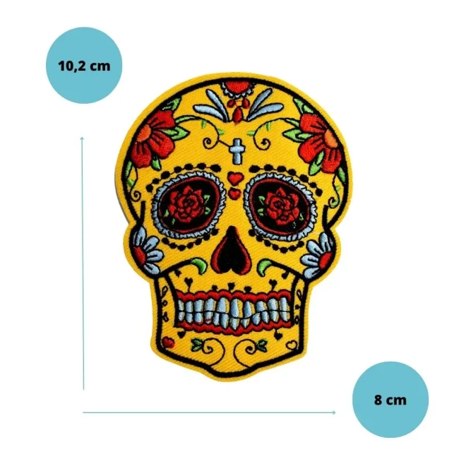 Écusson calavera jaune aux roses modèle 6 Patch calavera jaune modèle 6 avec roses brodées, 10,2 x 8 cm