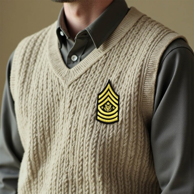 patch sergent major doré cousu sur une veste militaire kaki