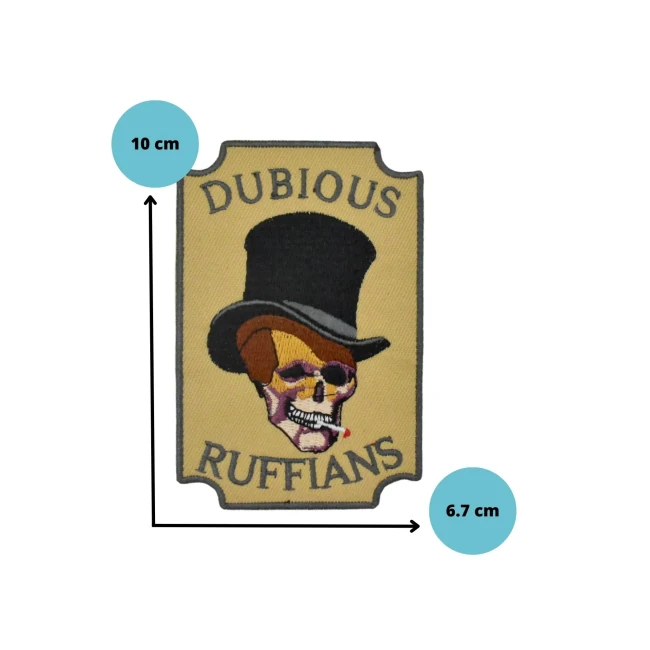 Dimensions du patch Dubious Ruffians 10 x 6,7 cm