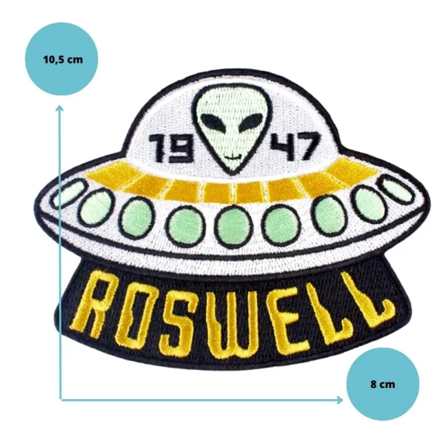 Ecusson roswell 1947 avec les dimensions: 10,5 cm de haut et 8 cm de large Patch Roswell 1947 mesurant 10,5 cm x 8 cm