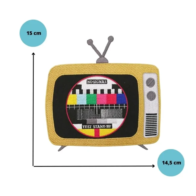 Dimensions du patch télé vintage brodé 15 x 14,5 cm
