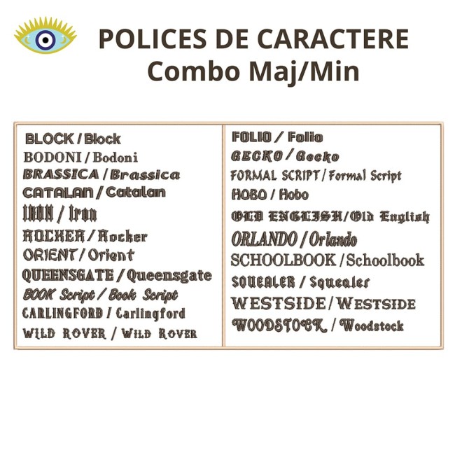 Exemples de polices majuscules brodées pour écussons biker Aperçu des polices de caractères disponibles pour patchs dorsaux personnalisés