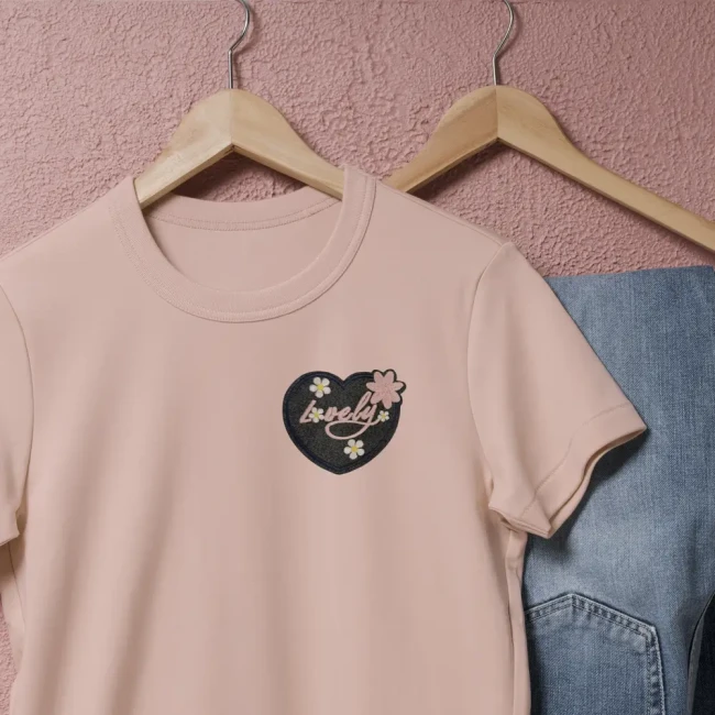 Patch cœur Lovely brodé sur un tee-shirt rose