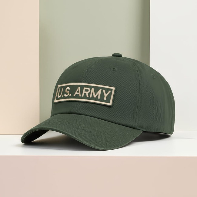 Ecusson US ARMY beige et kaki sur une casquette kaki casquette kaki avec le patch beige us army photographié de profil