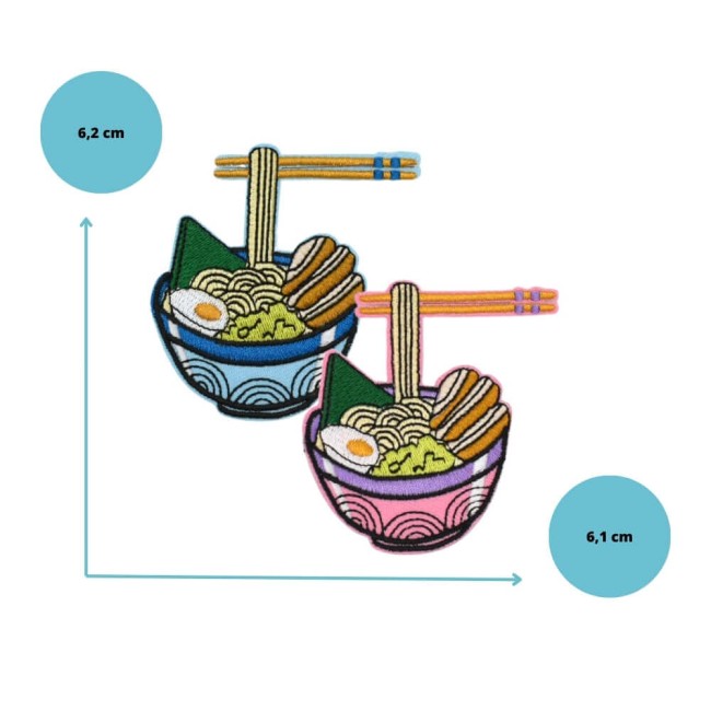 Dimensions des écussons thermocollants ramen : bleu ou rose au choix Patch ramen mesurant 6,2 × 6,1 cm