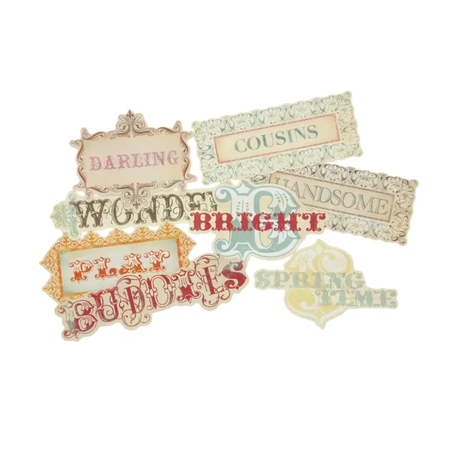 Cousins, handsome, wonder, bright etc de chez Tres Jolie My Mind's Eye Pack de 13 découpes rétro My MInd's eye scrapbooking