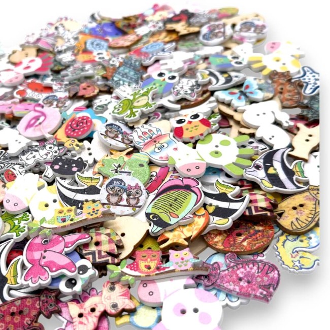 boutons en bois monde animal vaches, oiseaux, hiboux, chiens, chats, poissons, hippocampes, éléphant, flamants roses, grenouille, escargot etc
