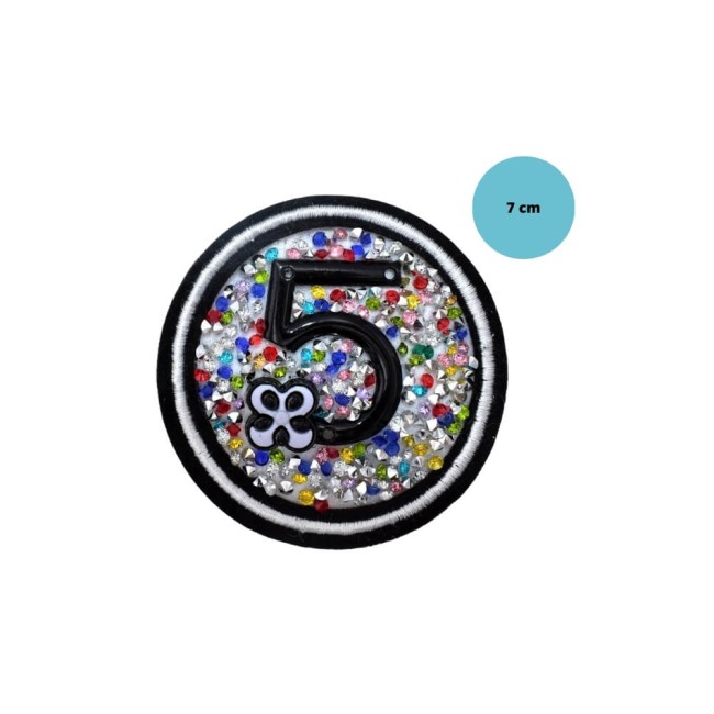 Motif thermocollant en strass et sequin chiffre 5 mesurant 7 cm de diamètre Ecusson 5 en strass et sequins