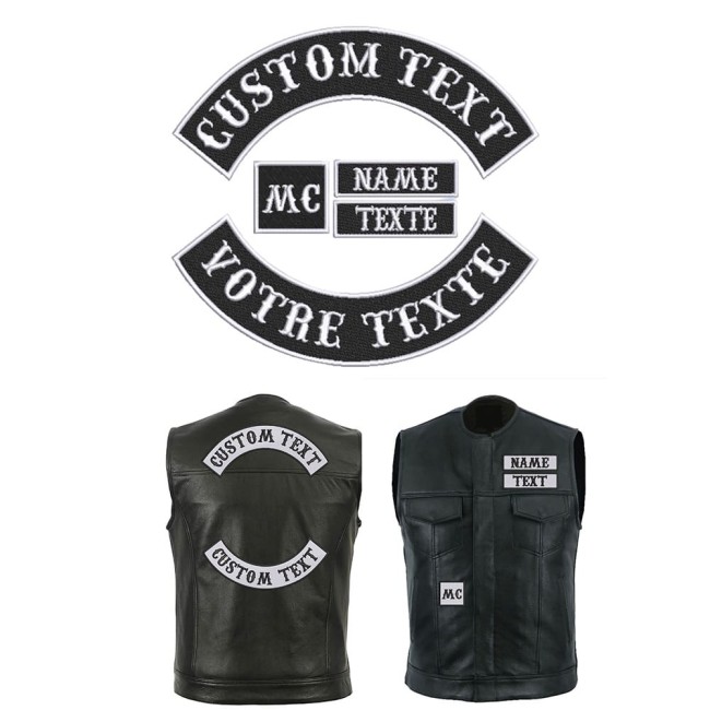 Path dorsal veste cuir biker  Customisation de 4 patchs Exemple de personnalisation texte haut demi-cercle