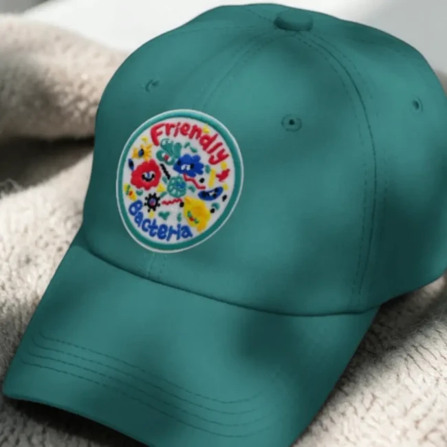 Patch Friendly Bacteria sur une casquette vert turquoise